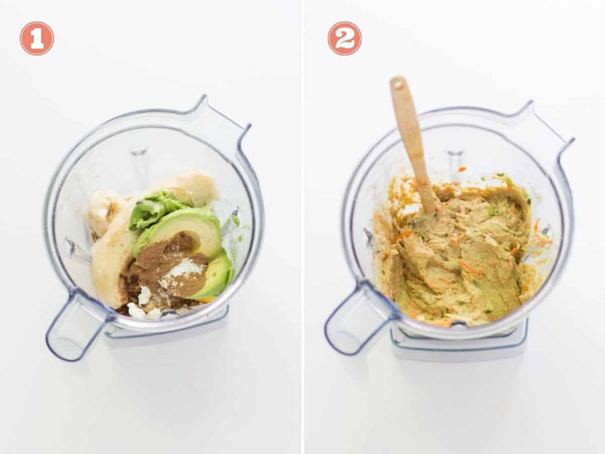 a two image collage with all the ingredients for the avocado muffins in a blender on the left and on the right blended with zucchini and carrots stirred in