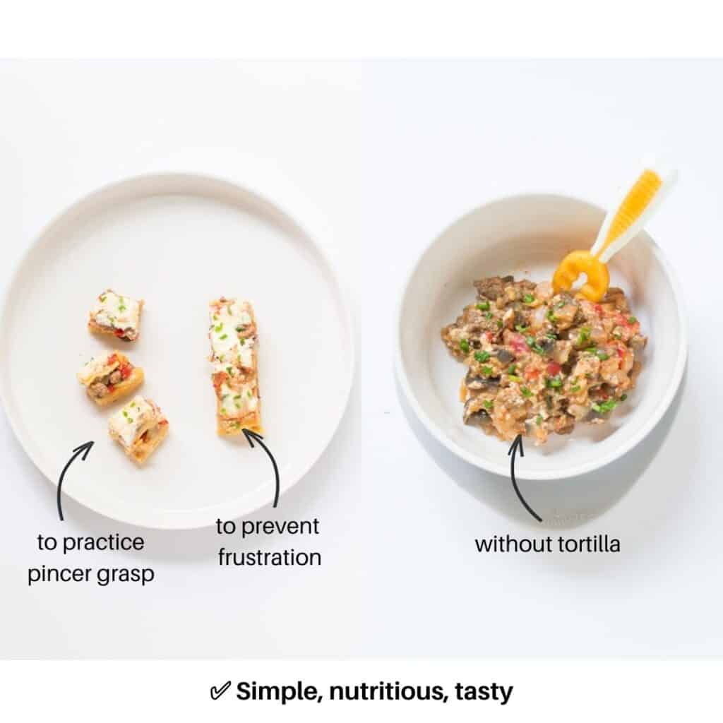 collage showing the bake cut into a strip and bite sized pieces and served in a bowl with a spoon for babies