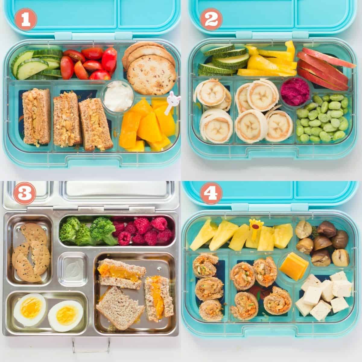a four image collage of peanut butter based sandwiches in blue lunchbox. numbered with details below