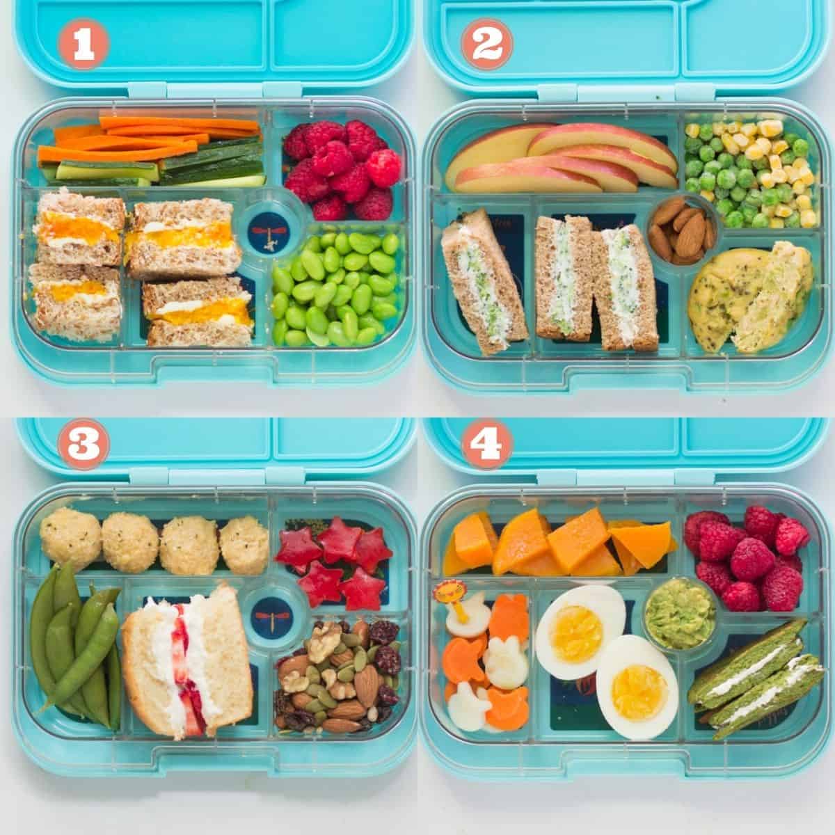 a four image collage of cream cheese based sandwiches in green lunchbox. numbered with details listed below