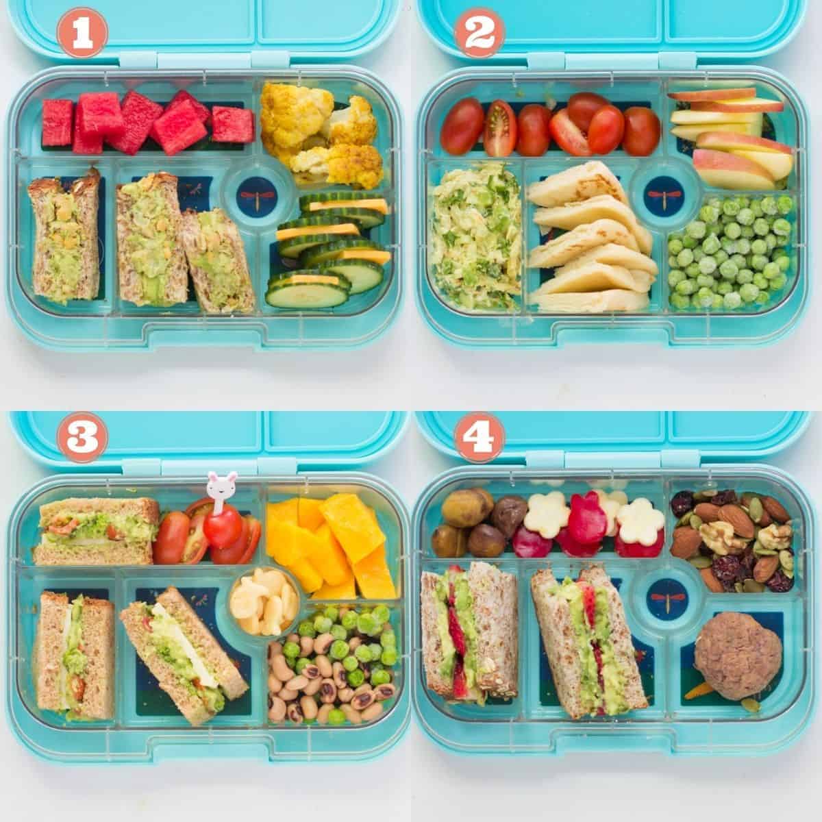 a four image collage of avocado based sandwiches in green lunchbox. numbered with details below