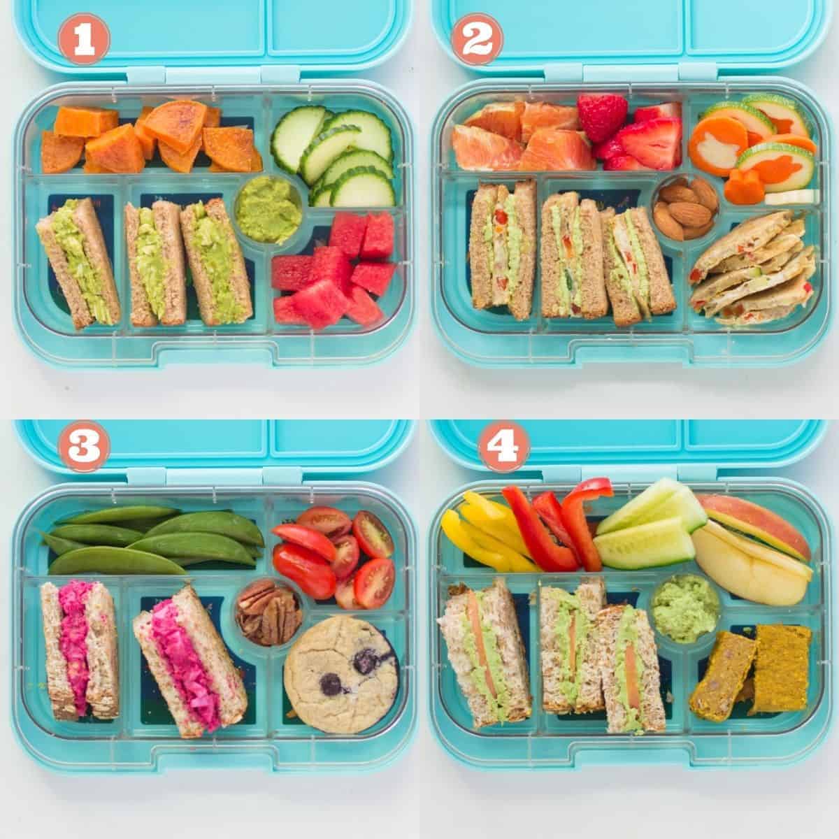 a four image collage of pesto based sandwiches in green lunchbox. numbered with details below