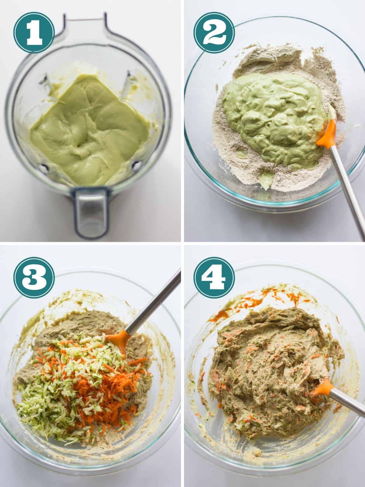 A four image collage of how to prepare the batter.