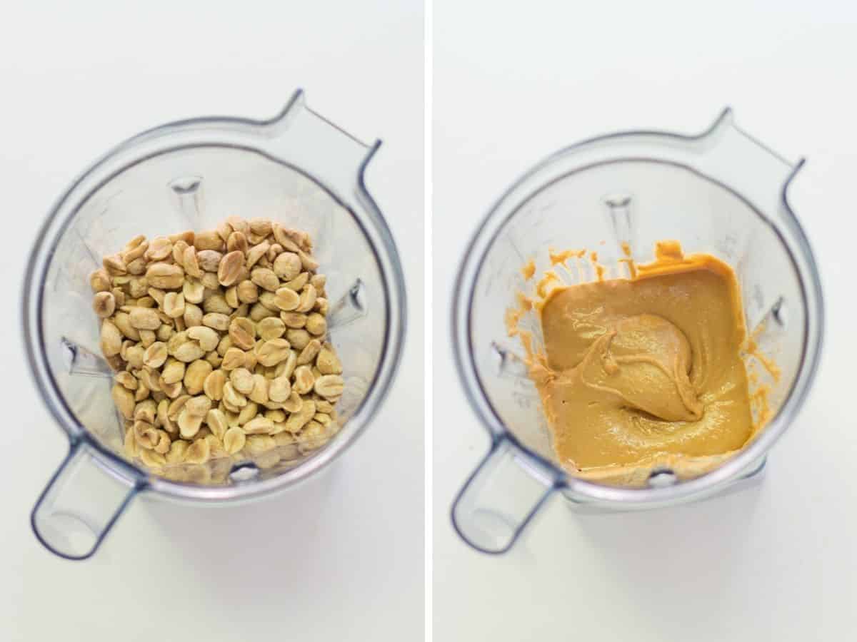a two image collage with roasted peanuts in blender on the left and creamy peanut butter in blender on the right