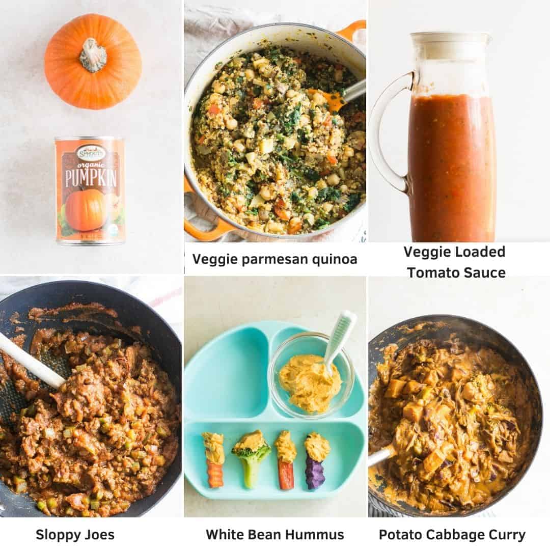 a collage showing picture of veggie parmesan quinoa, veggie loaded tomato sauce, sloppy joes, white bean hummus and potato cabbage curry