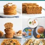 A six image collage of sweet and savory recipes with pumpkin puree