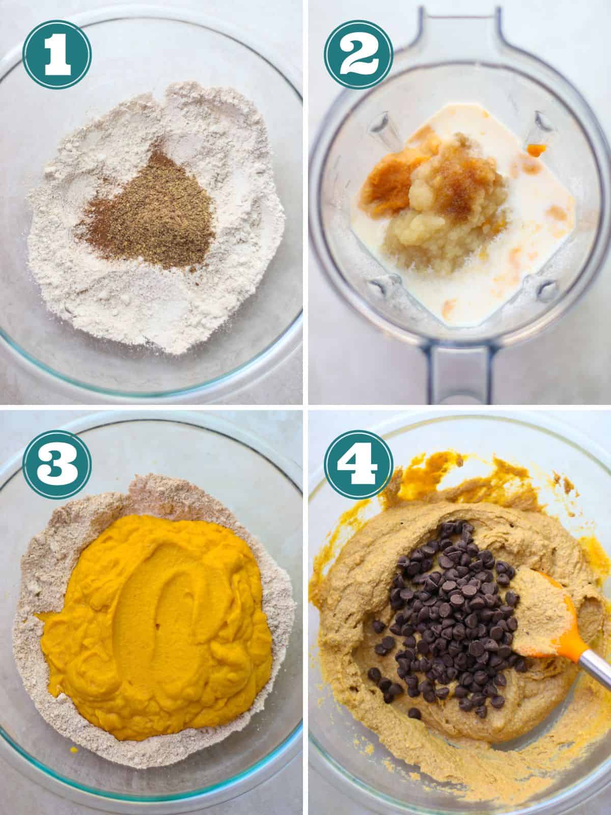 A four image collage of how to prepare the batter.