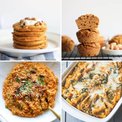 A four image collage with pumpkin pancakes, pumpkin muffins, pumpkin risotto, and pumpkin pasta bake.