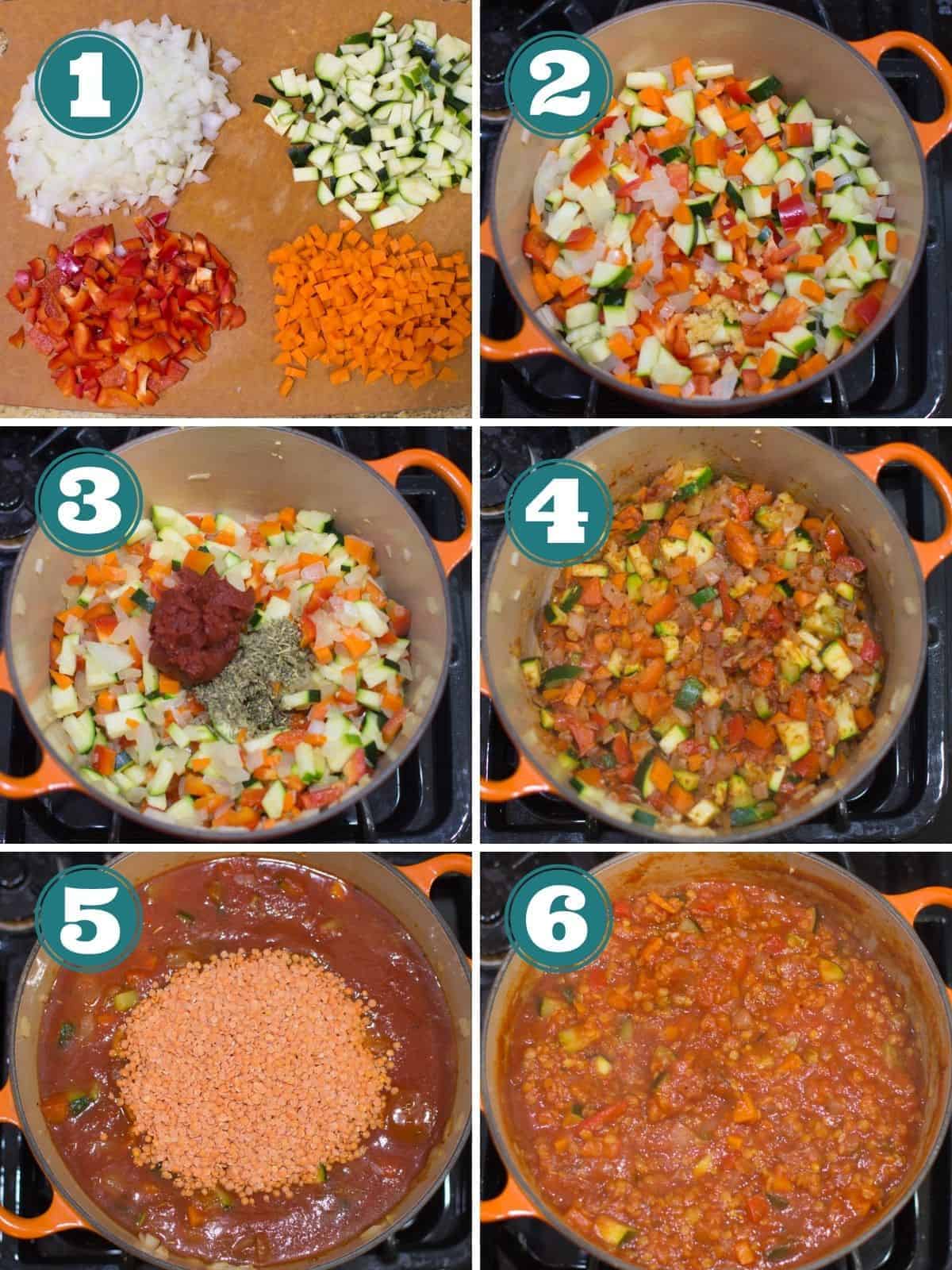 a six image collage showing the cooking process