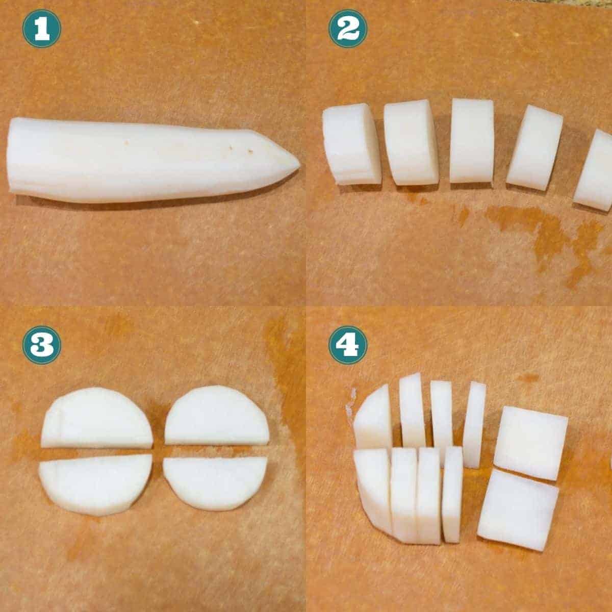 a four image collage showing how to slice radish or daikon