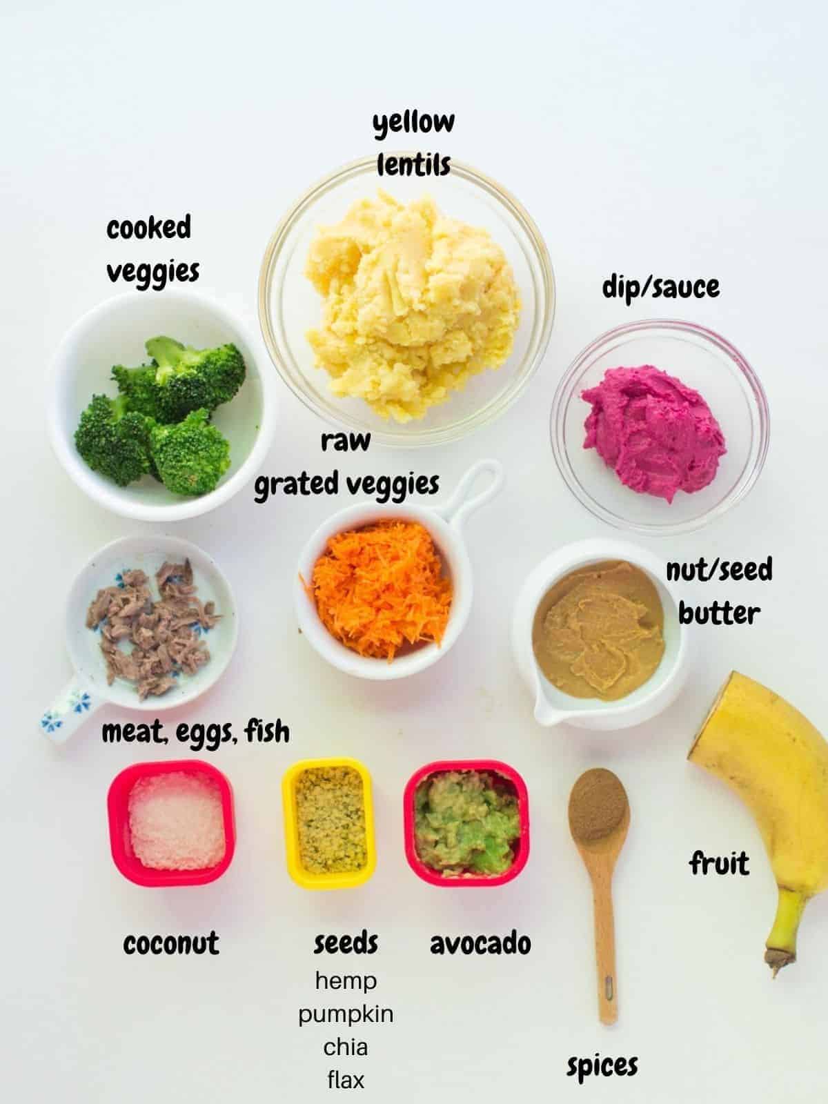 Various mix-in ingredients for lentils laid out on a white background