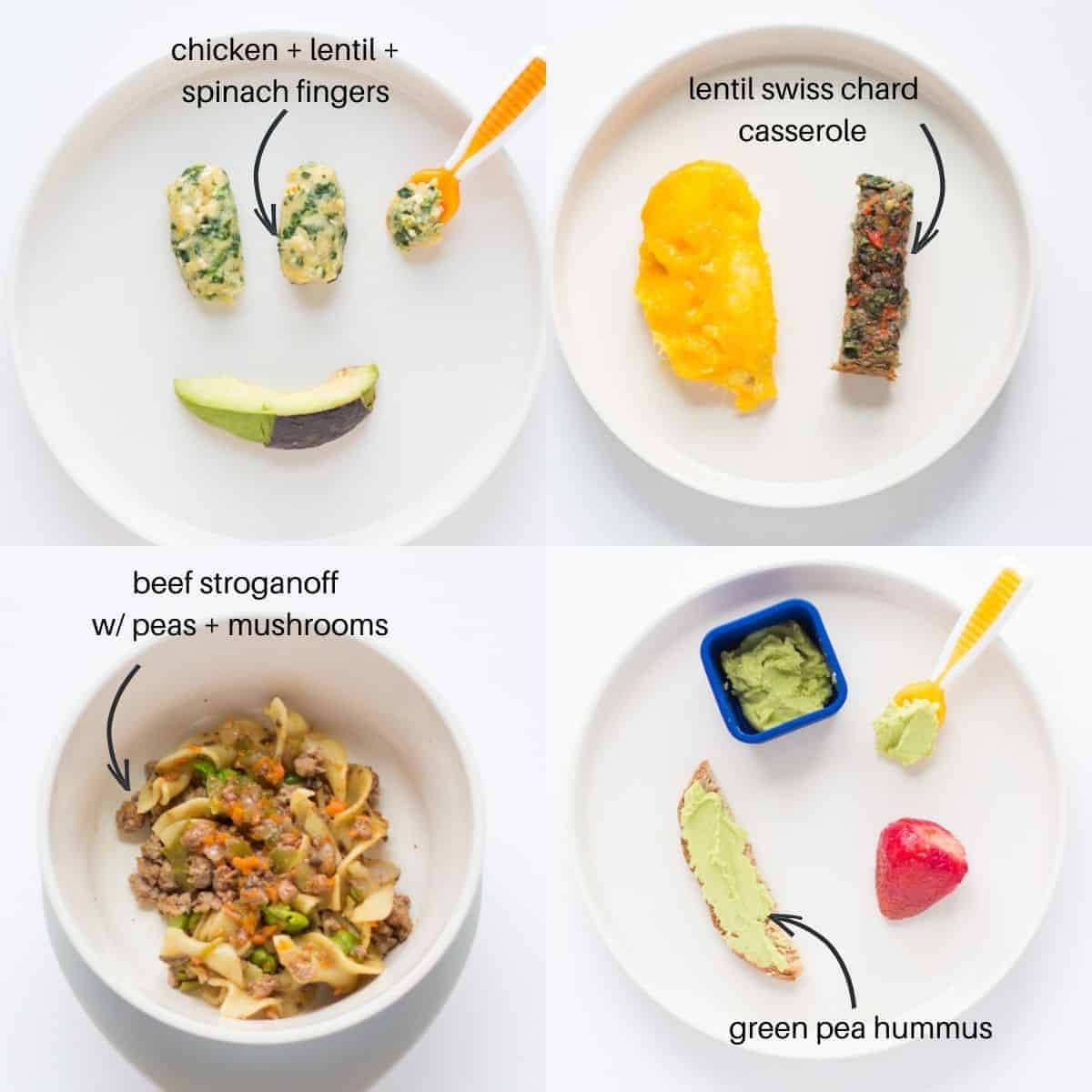 four iron rich vegetable meals for babies, including spinach, swiss chard, peas