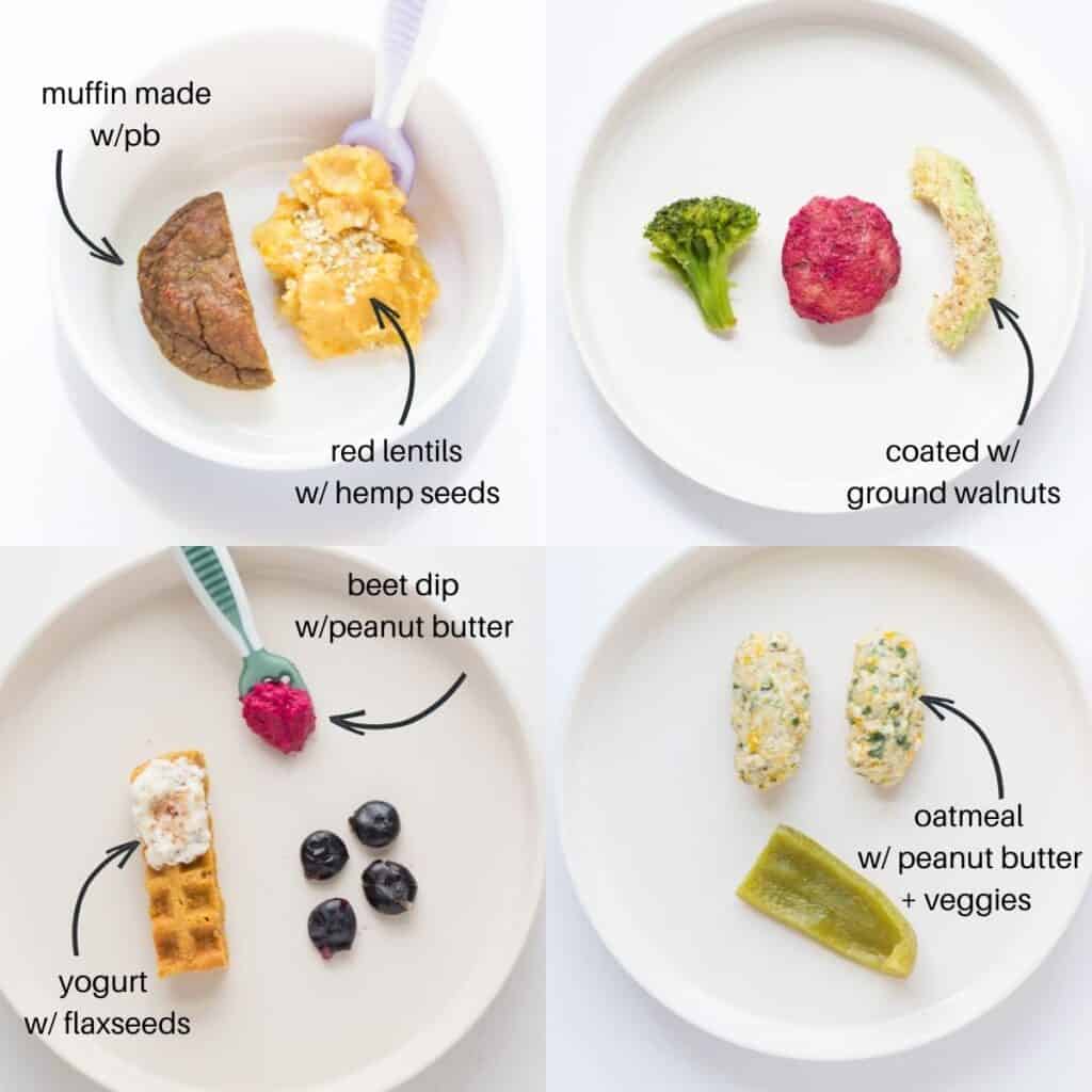 four image collage showing different ways to serve nuts and seeds - hemp seeds sprinkled on top of lentils, avocado coated in hemp seeds, waffle strip with yogurt and sprinkled flaxseeds, and oatmeal finger with peanut butter