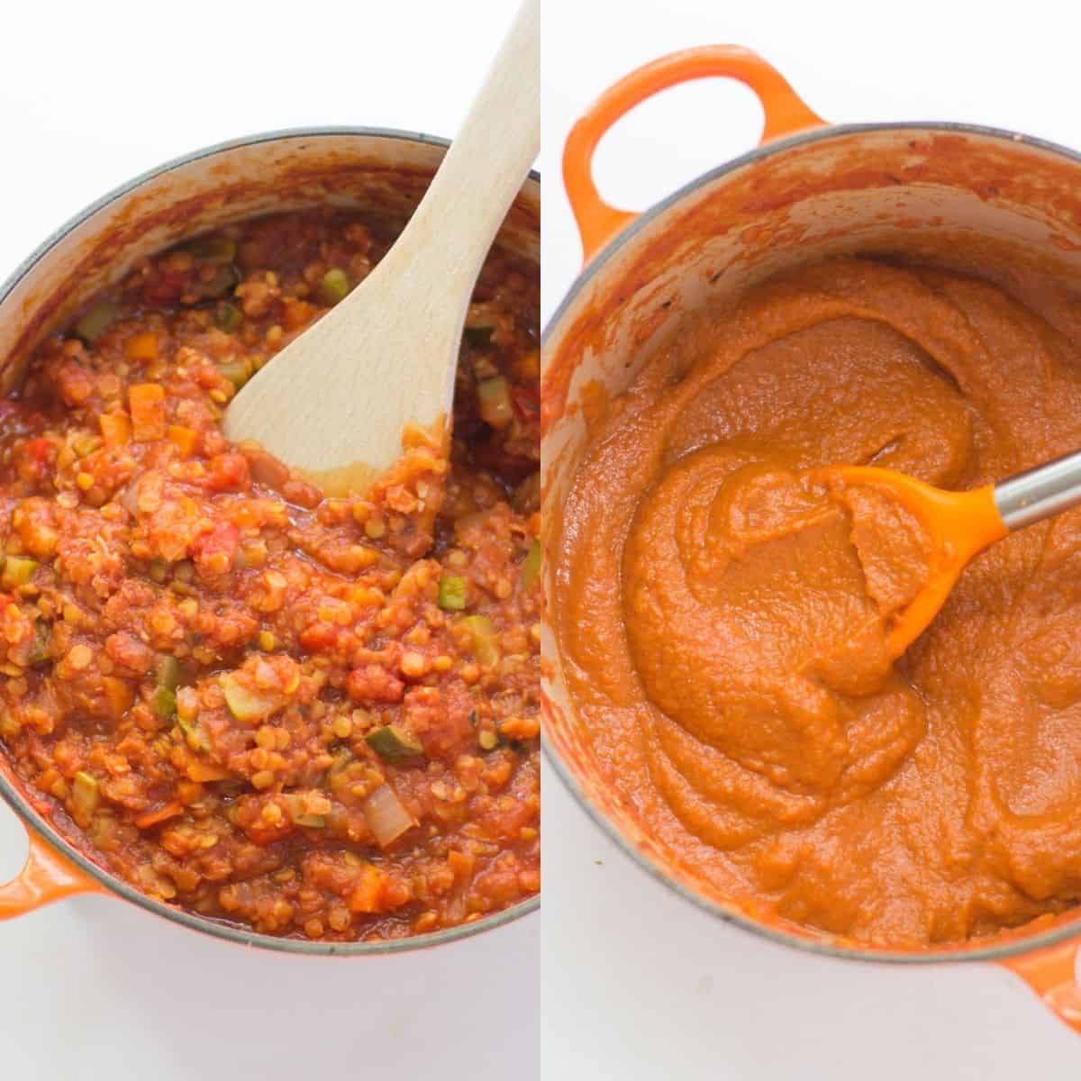 on the left pasta sauce before blending and blended sauce on the right