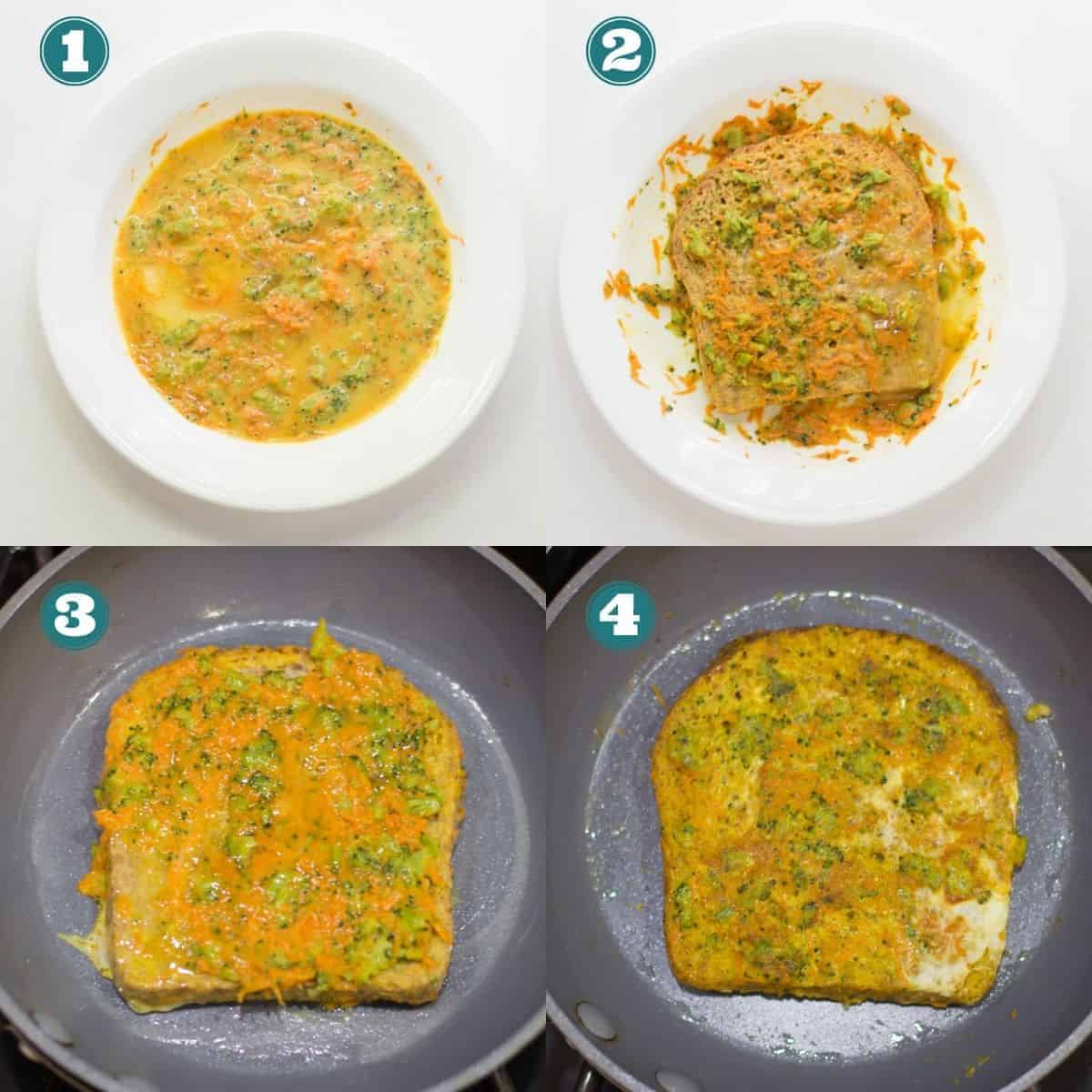 a four image collage showing step by step instructions for making French toast