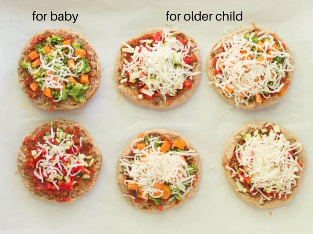 six muffins topped with vegetables and cheese for baby and toddler