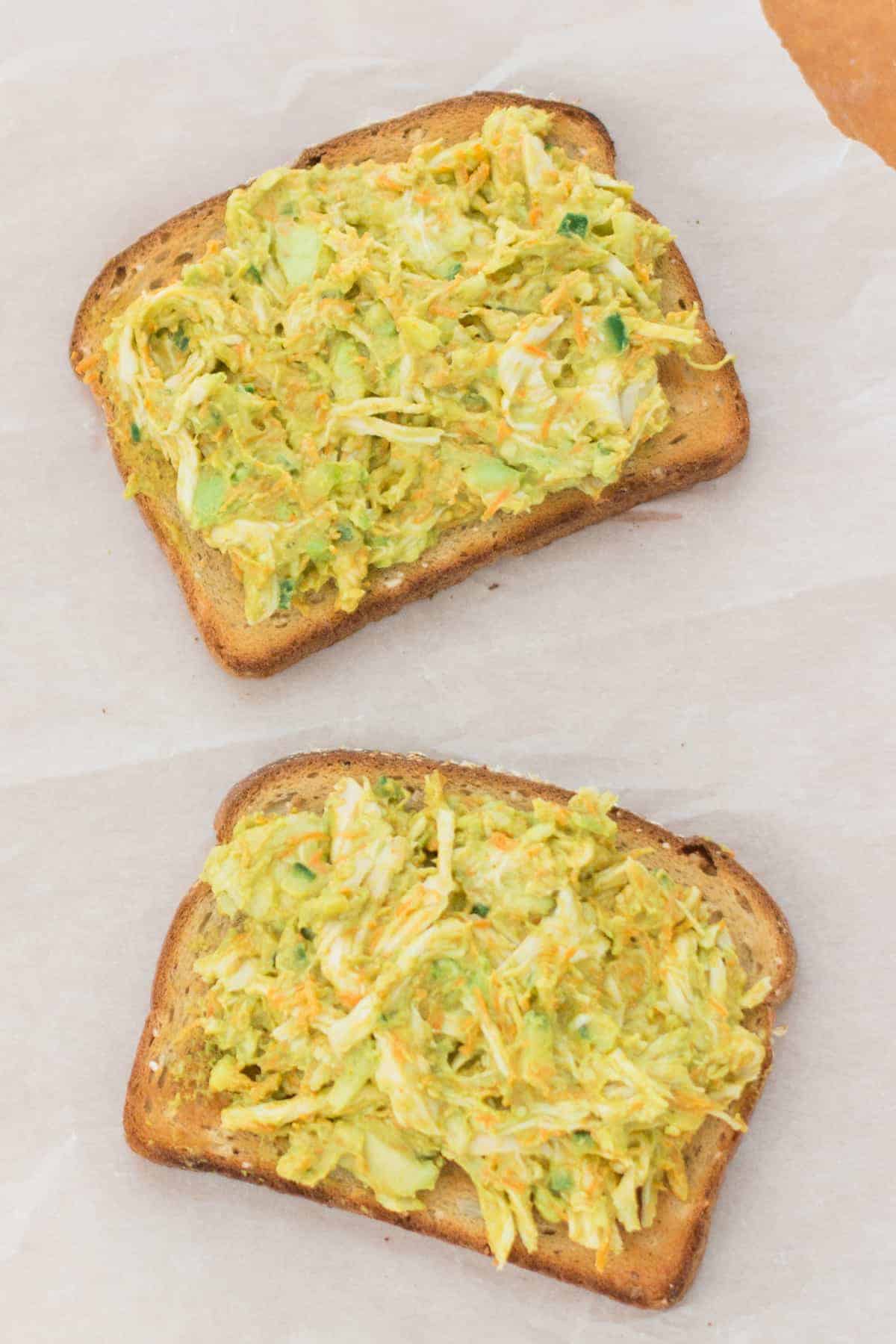 curry chicken salad spread onto two slices of toasted bread