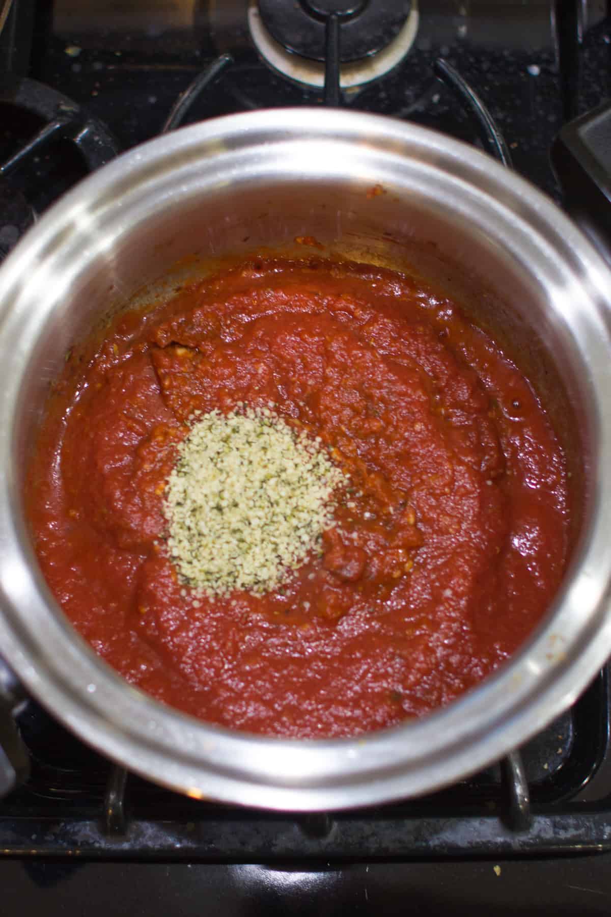 Hemp seeds added to the sauce.