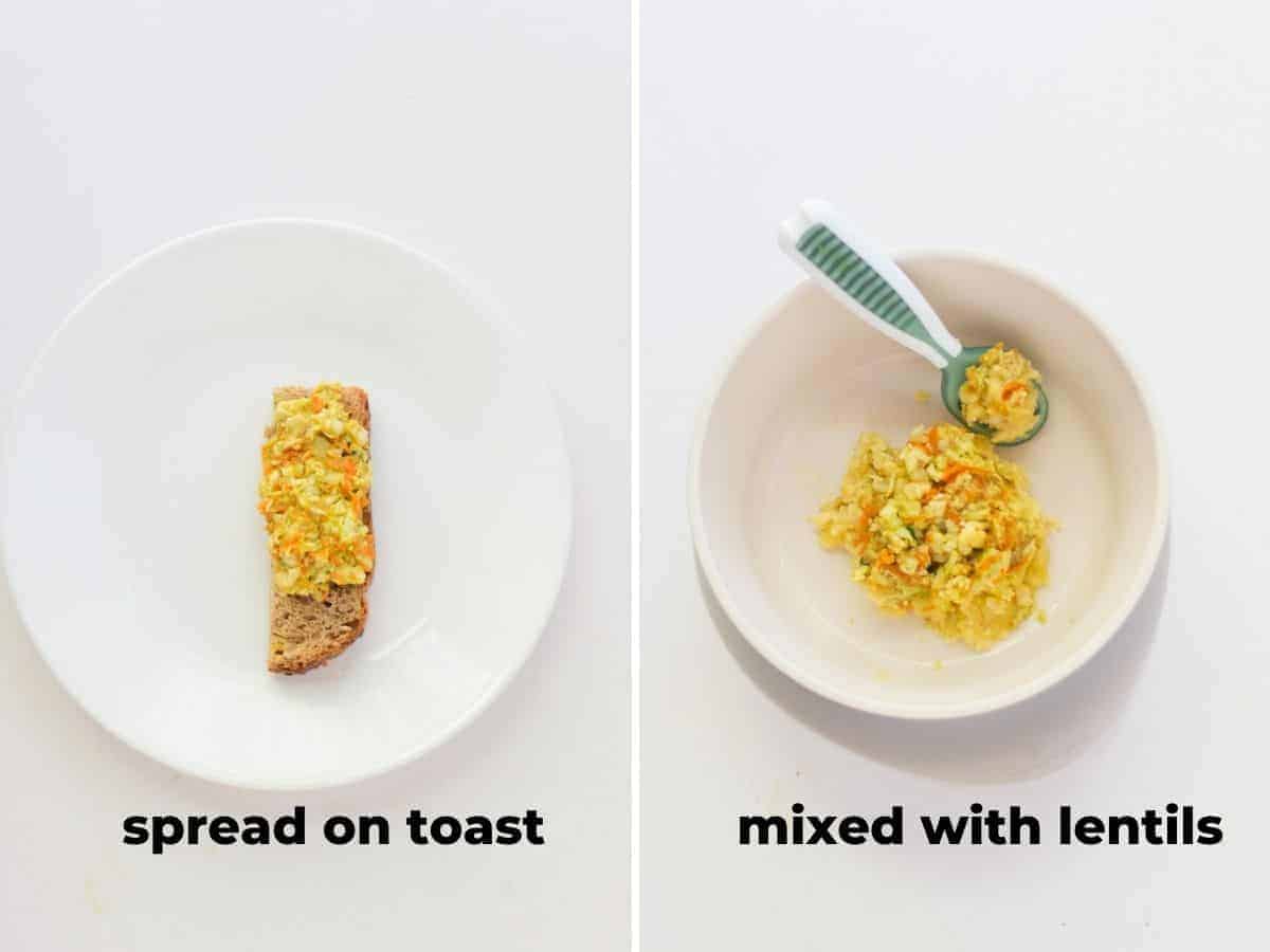a two image collage showing how to serve the chicken salad to baby. On the left spread on top of toast and served in a bowl with a spoon on the right.