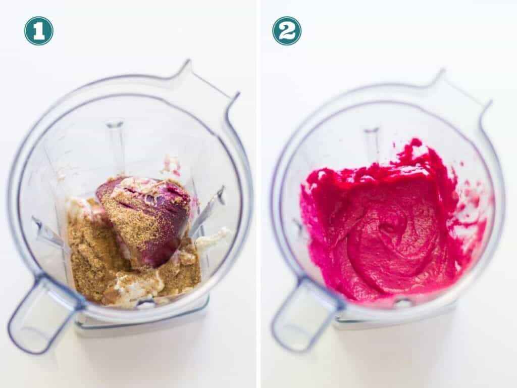 a two image collage with all the ingredients in a blender on the left and blended on the right
