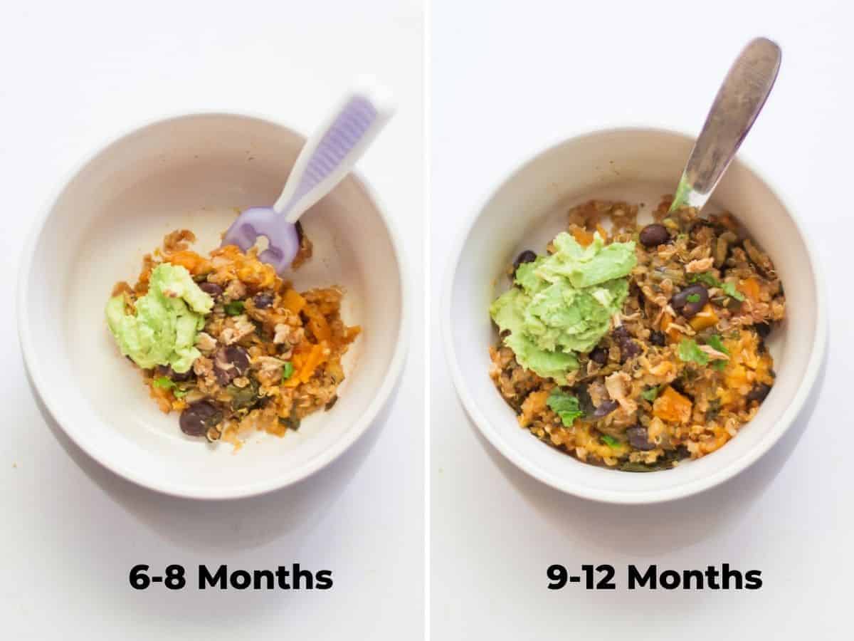 a two image collage showing baby's bowl with a small portion of quinoa casserole with avocado on the left and larger portion on the right.