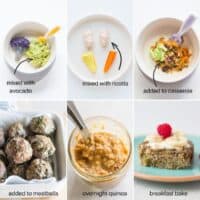 a six image collage with examples of how to serve quinoa to babies.