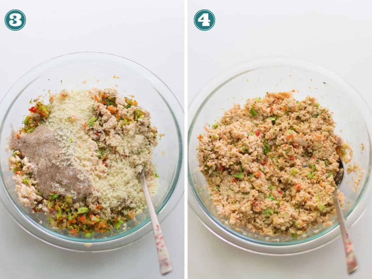 a two image collage with all the ingredients placed in a bowl on the left and combined on the right.
