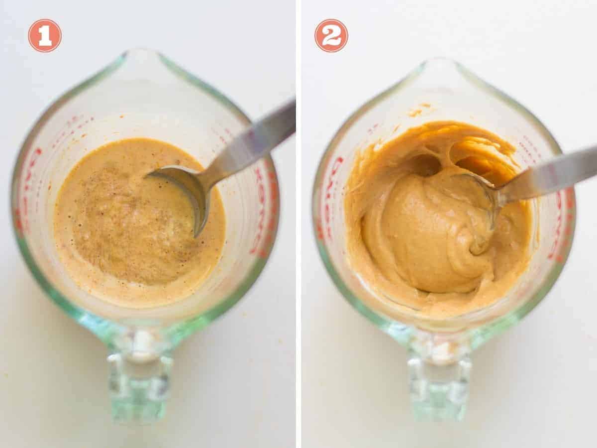 a two image collage with the ingredients added to a measuring cup on the left and well combined on the right