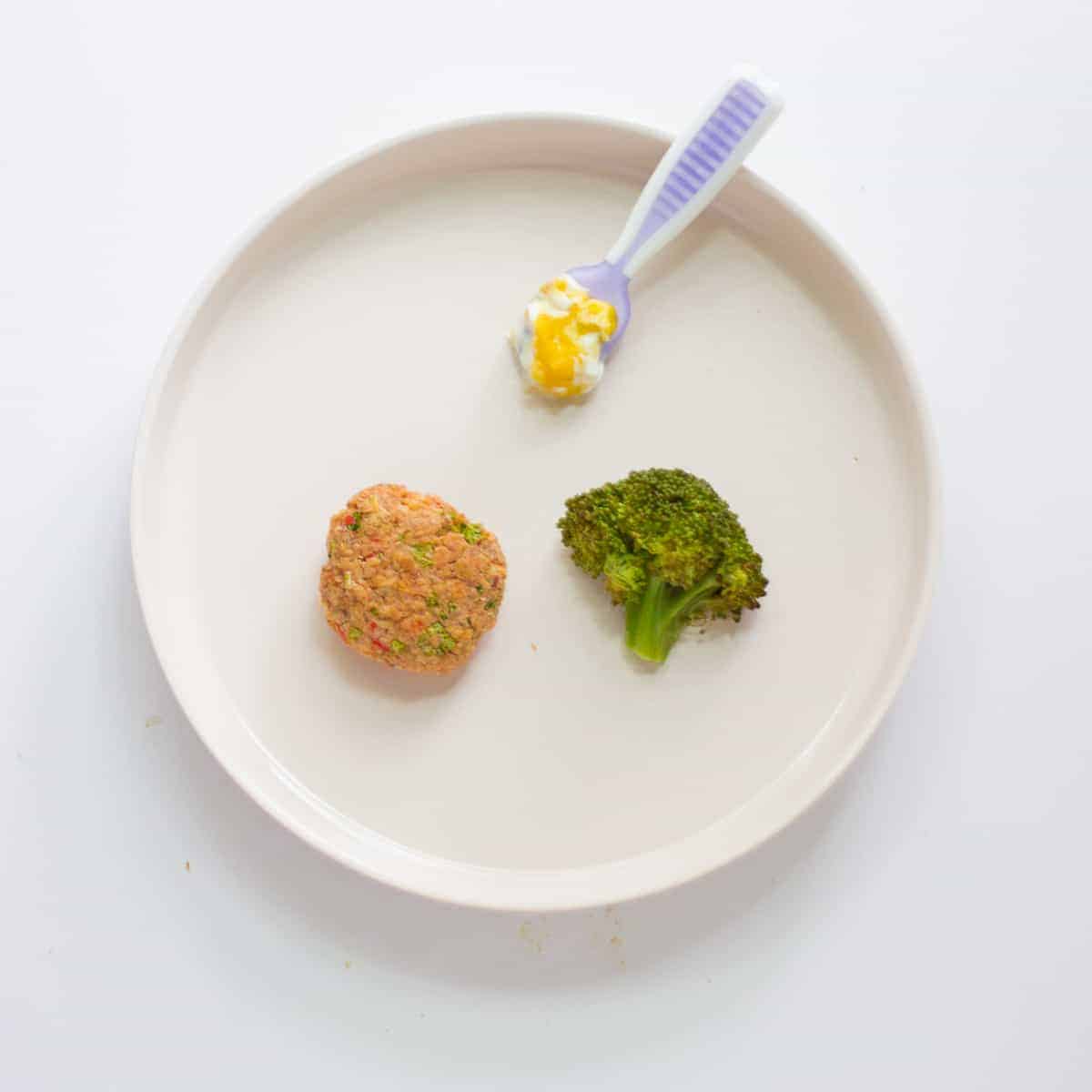 a baby's plate with one salmon patty, mango yogurt sauce preloaded onto a spoon, and cooked broccoli floret