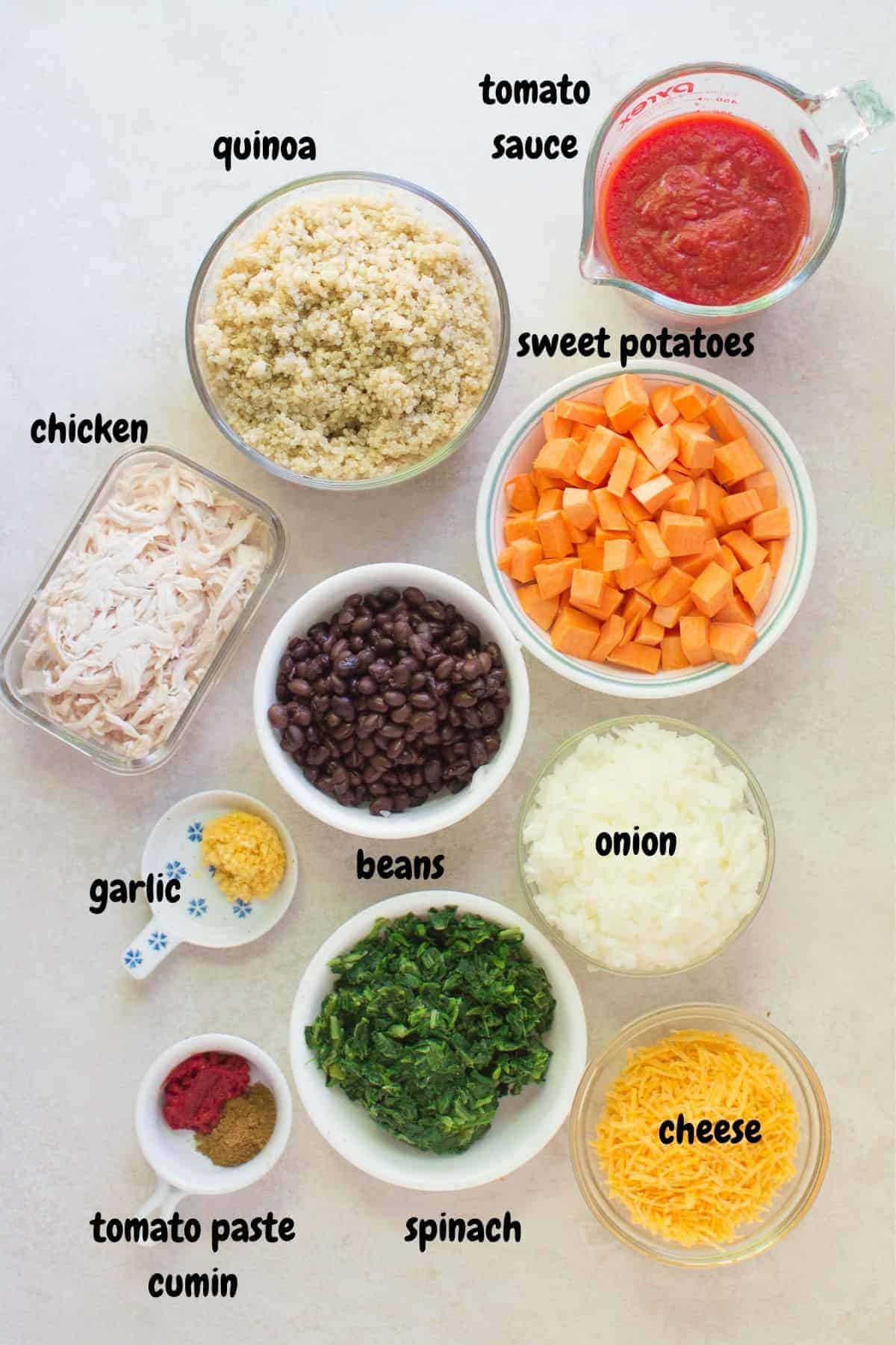 all the ingredients laid out on a white background.