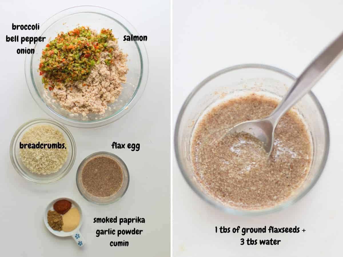 a two image collage with all the ingredients laid out on the left and a close up shot of flax egg on the right