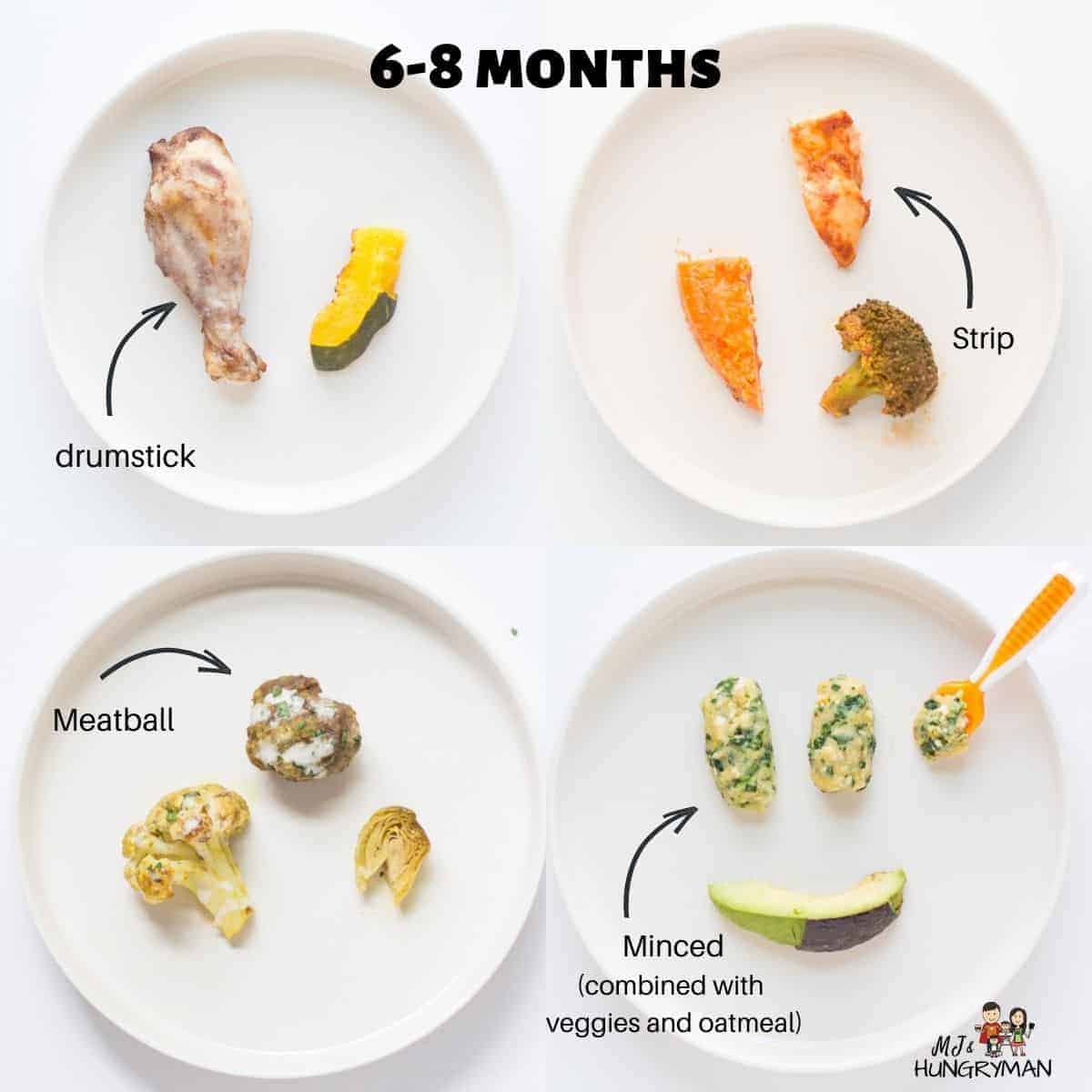 a four image collage showing how to serve to 6-8 month olds - drumstick, thick strip, meatball, minced and added to oatmeal.