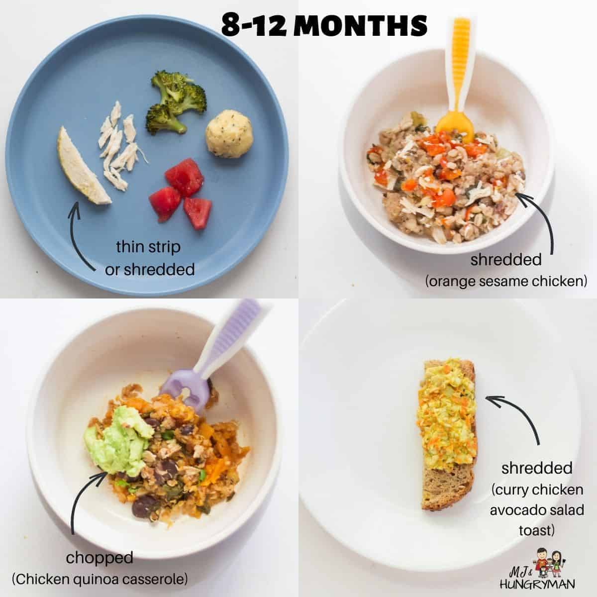 a four image collage showing how to serve to 8-12 month olds - thin strip or shredded, chopped and added to casserole, spread onto toast.