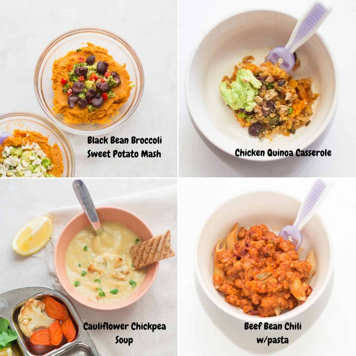 A four image collage with beans mixed into sweet potatoes, casserole, soup, and pasta sauce.