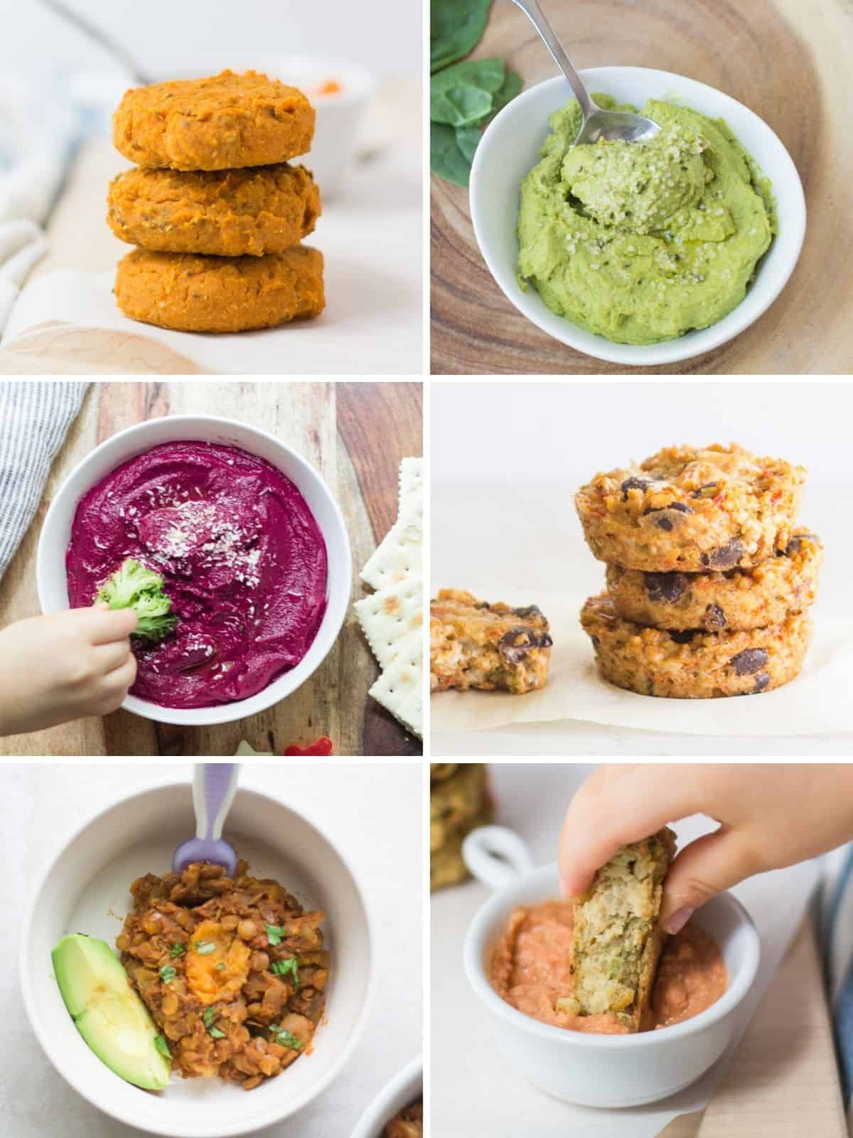 a six image collage of baby friendly bean recipes, including cookies, dips, and muffins.