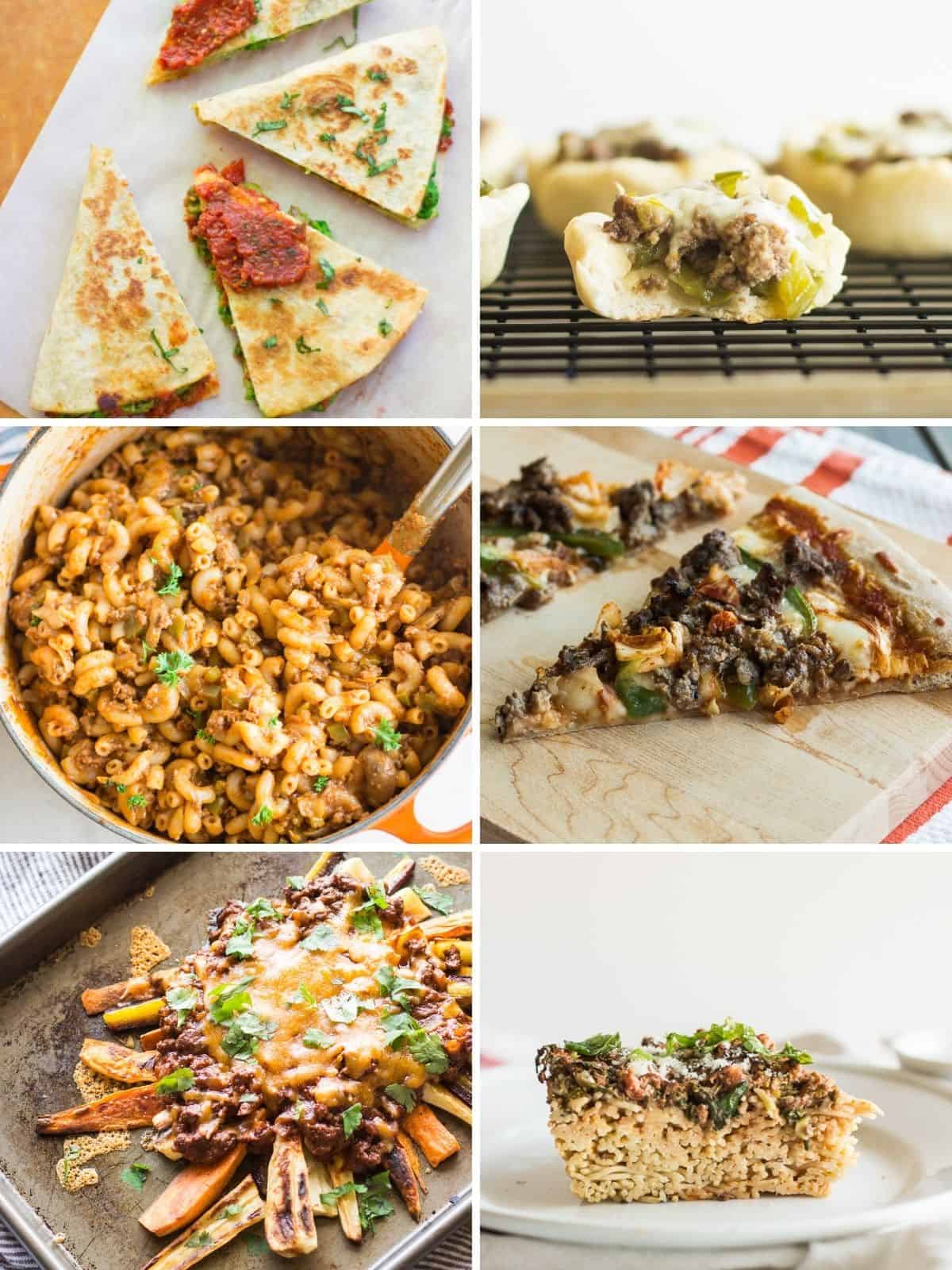 a six image collage of kid friendly beef recipes.