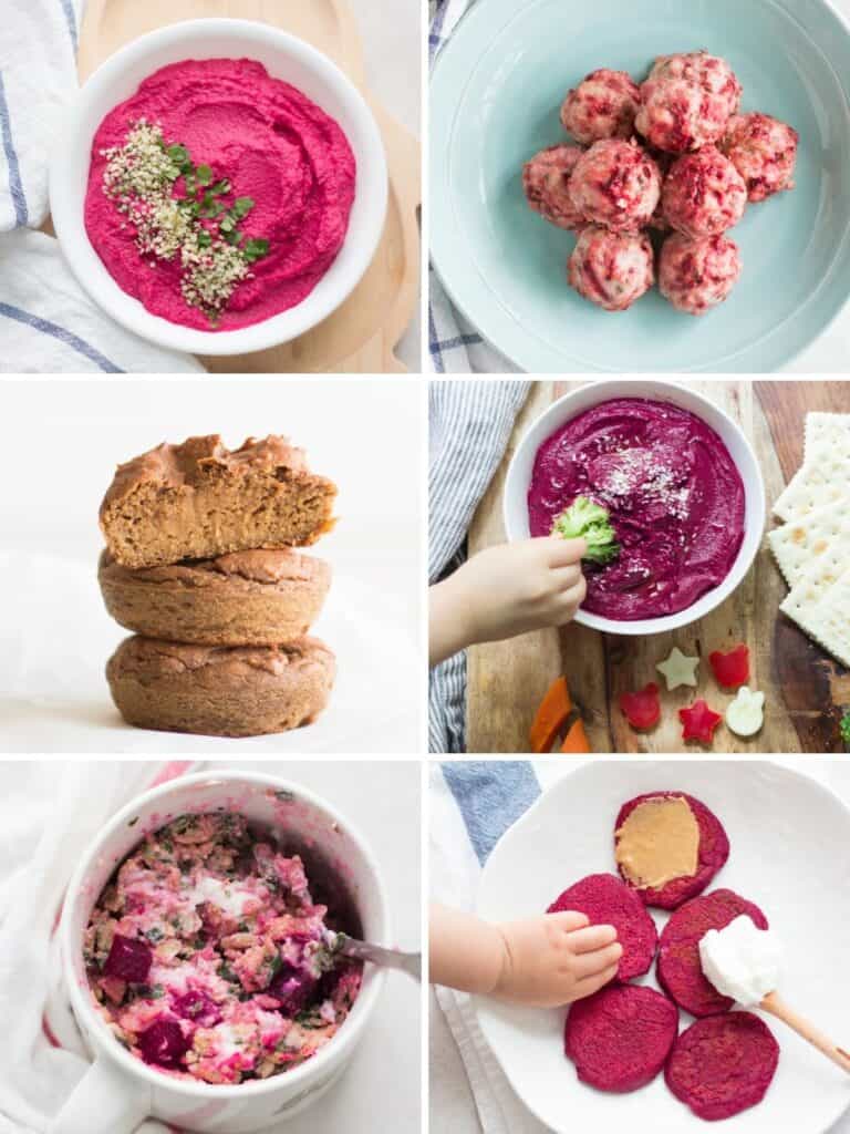 a six image collage of baby friendly beet recipes, including two dips, meatball, muffin, oatmeal, and pancake.