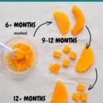 a graphic showing how to cut the squash for babies depending on their age.