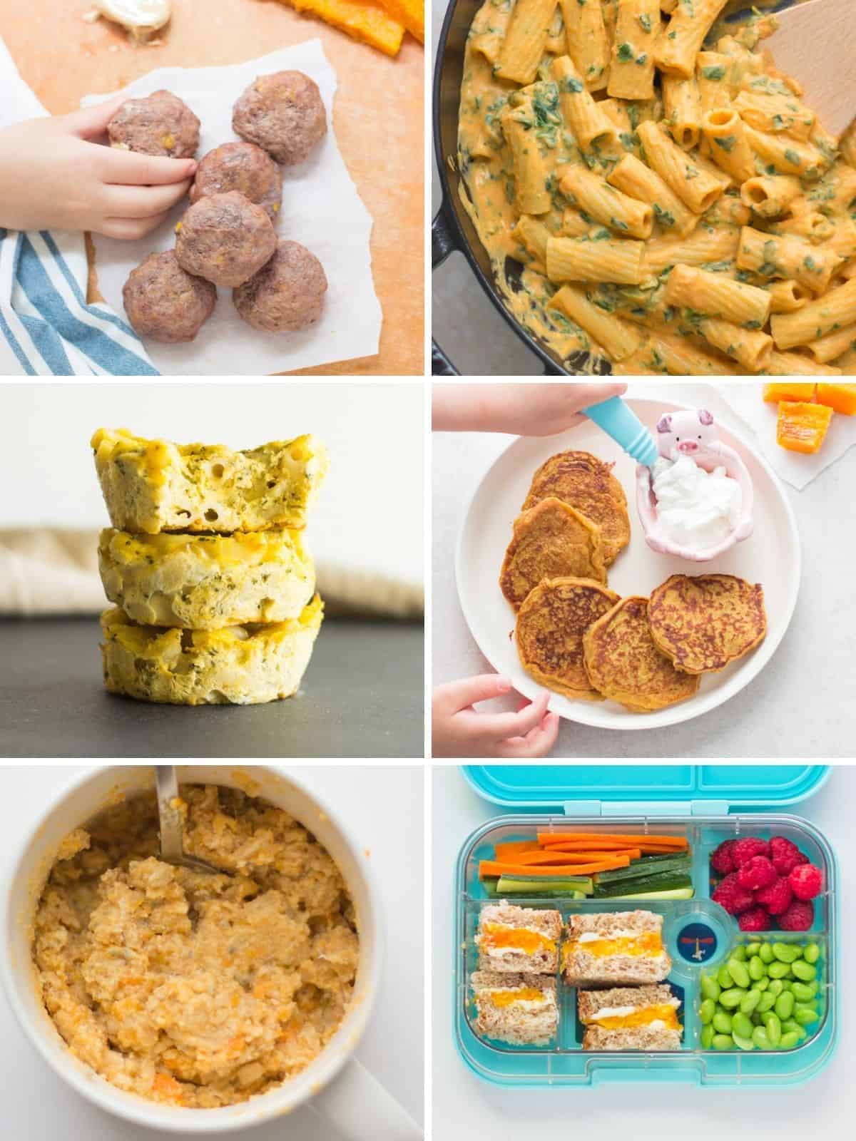 A collage of baby friendly butternut squash recipes.