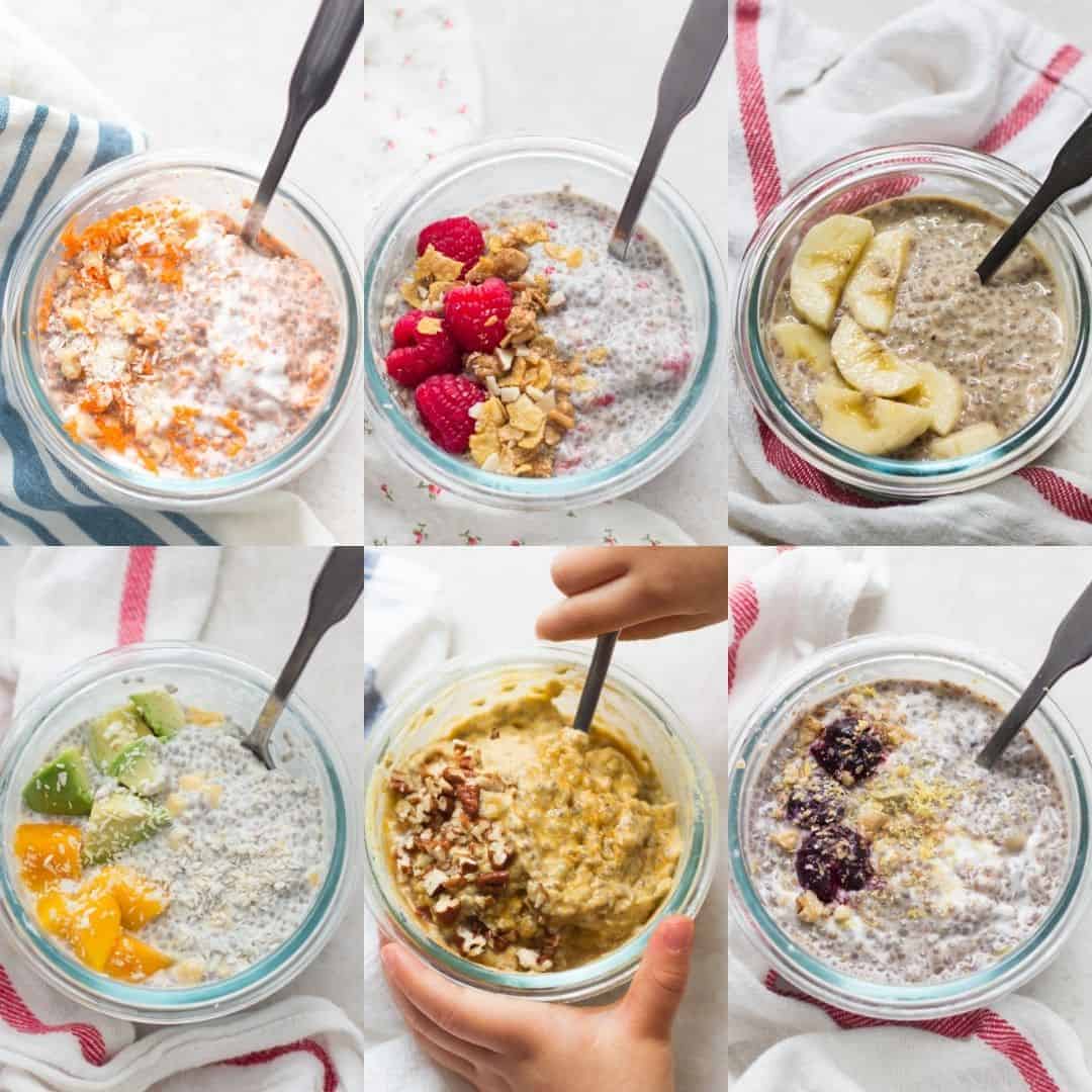 six single serve chia puddings in glass bowls.