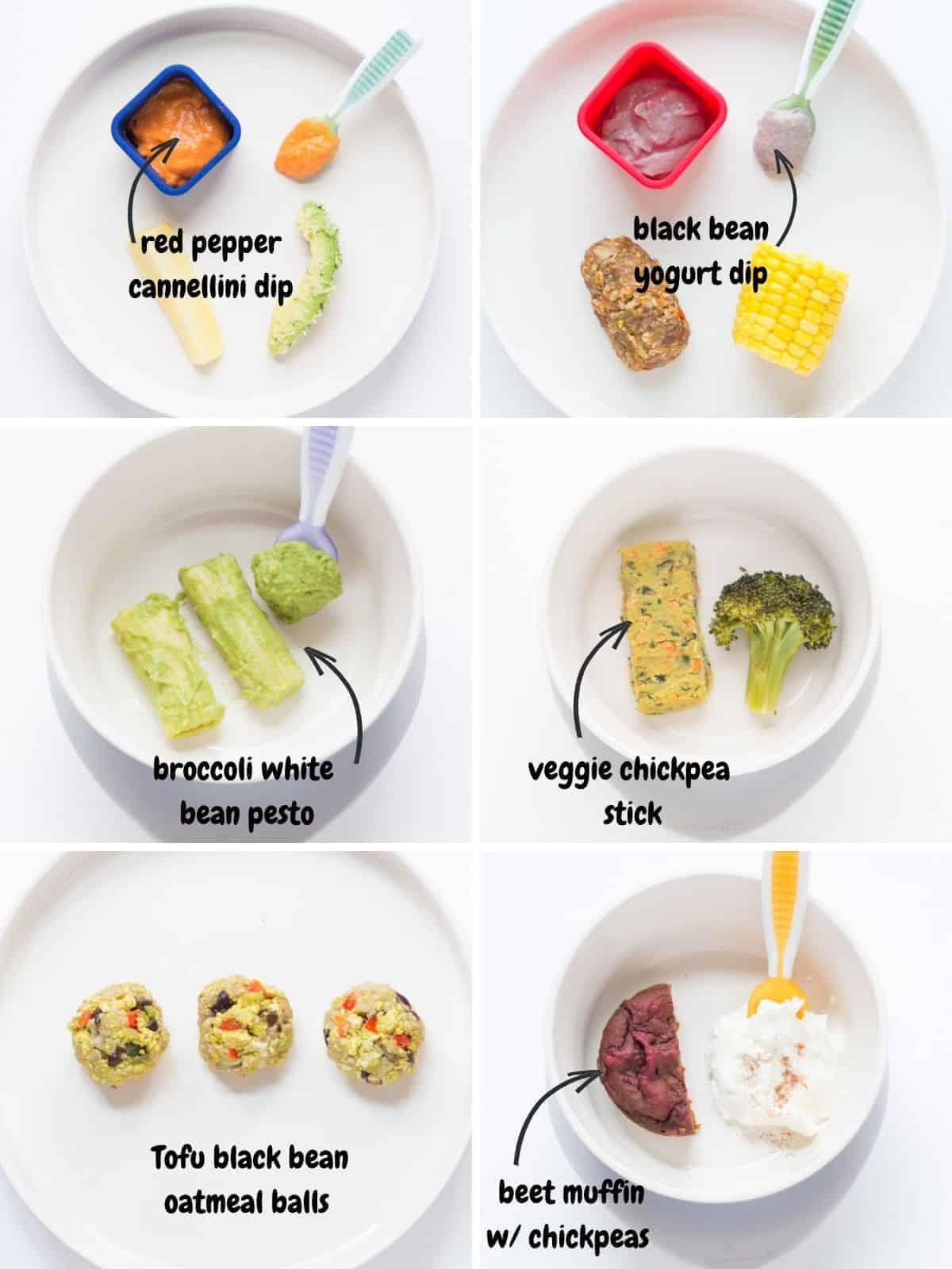 a six image collage showing all the different ways of serving beans to babies, including dips, pasta sauce, veggie sticks, tofu balls, and muffins.