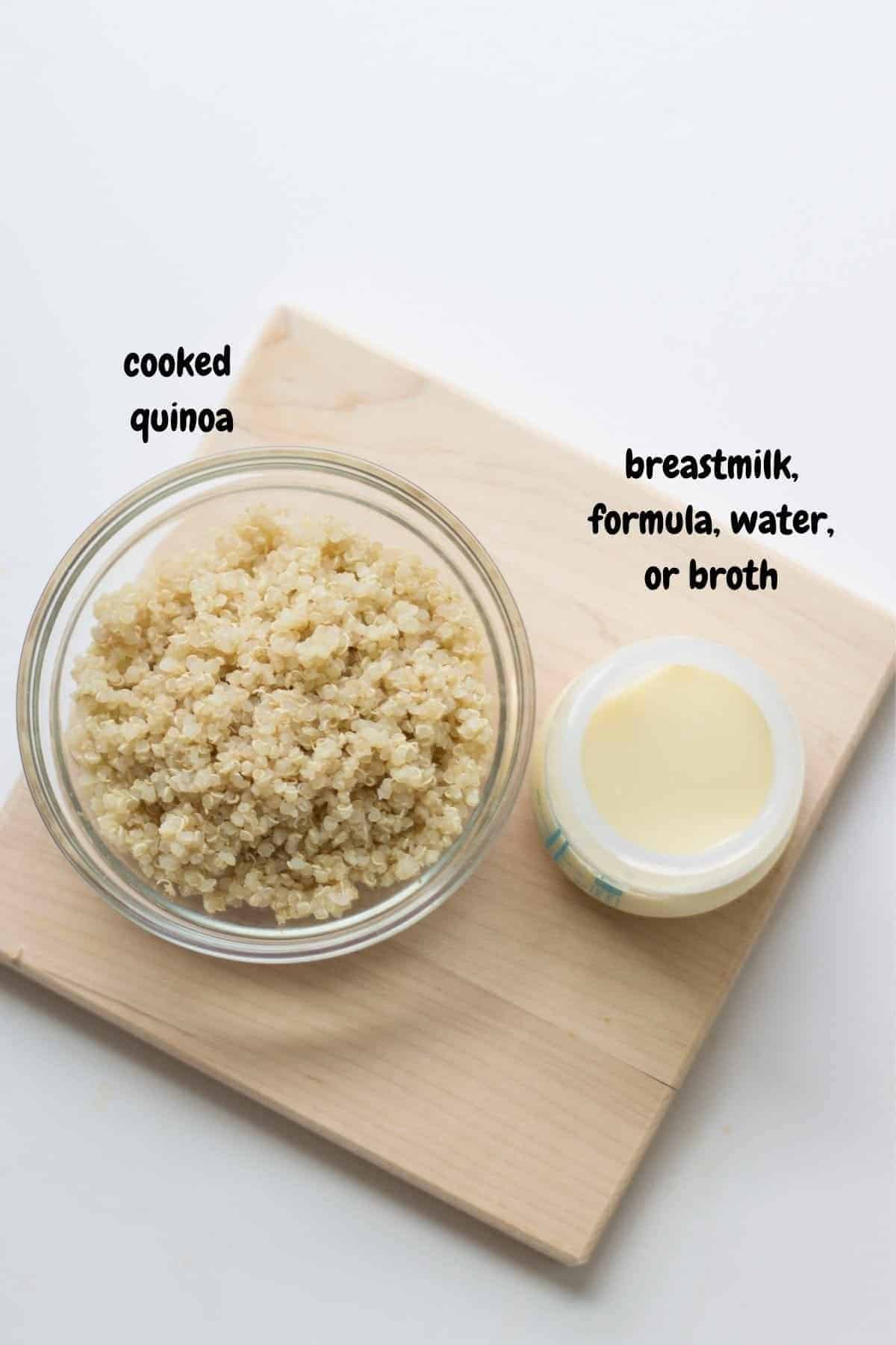 cooked quinoa and breastmilk placed on a wooden board.