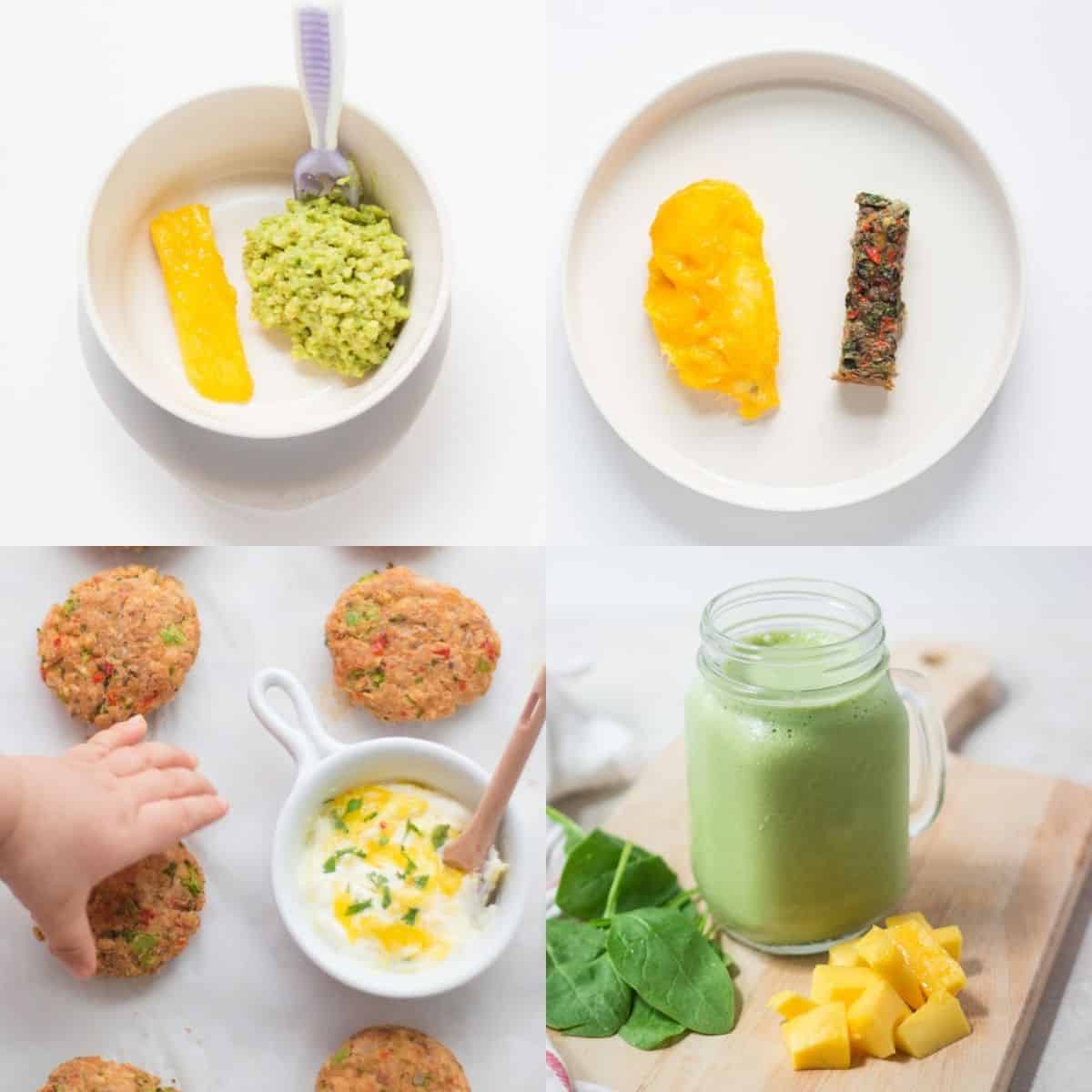 a four image collage with meal ideas with mangoes, including a strip of mango, mango pit, mango yogurt, and spinach mango smoothie.