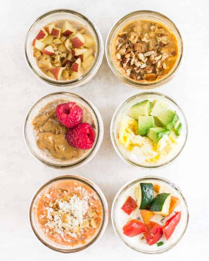 six different overnight oats both sweet and savory.