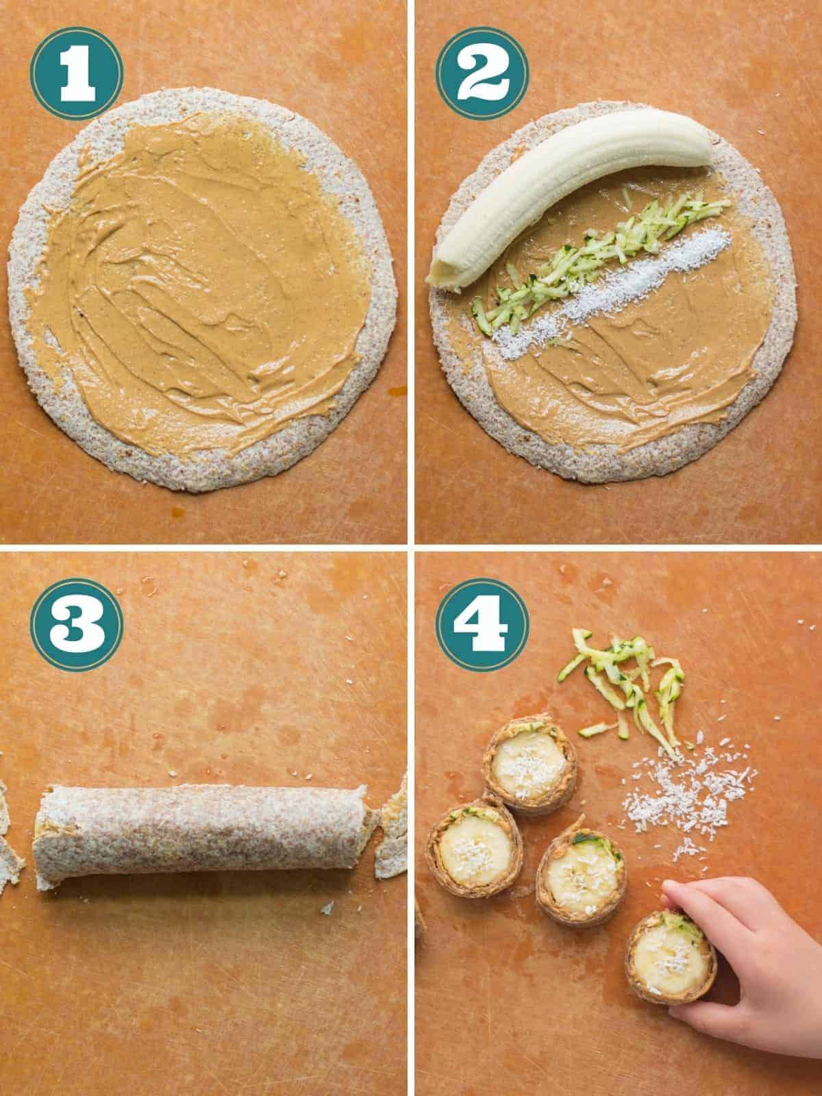 a four image collage showing step by step instructions for making peanut butter banana roll ups.