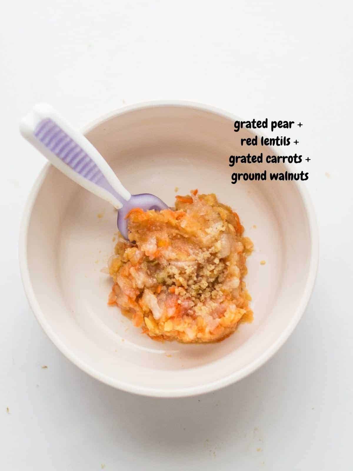 red lentils mixed with grated pears, carrots, and ground walnuts.