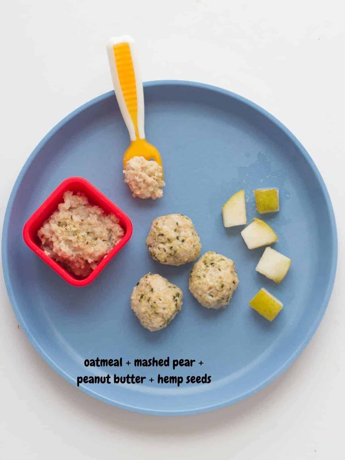 oatmeal mixed with mashed pear, peanut butter and hemp seeds served in a small red container as well as rolled into balls.