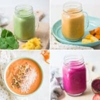 three kid friendly smoothies and one carrot cake smoothie bowl.