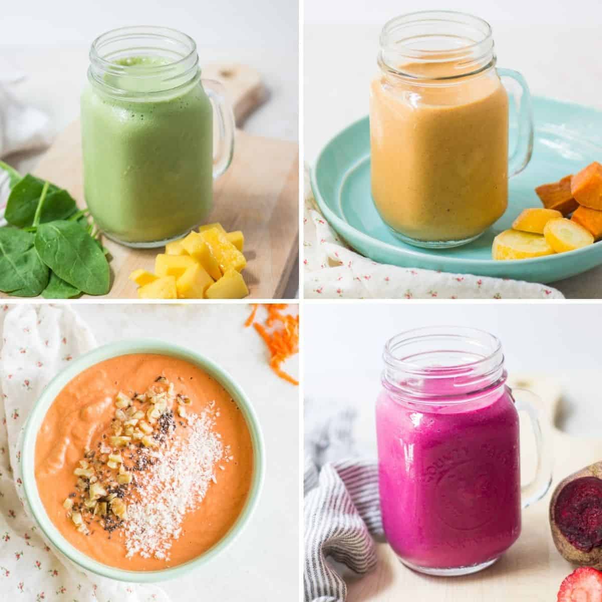 three kid friendly smoothies and one carrot cake smoothie bowl.