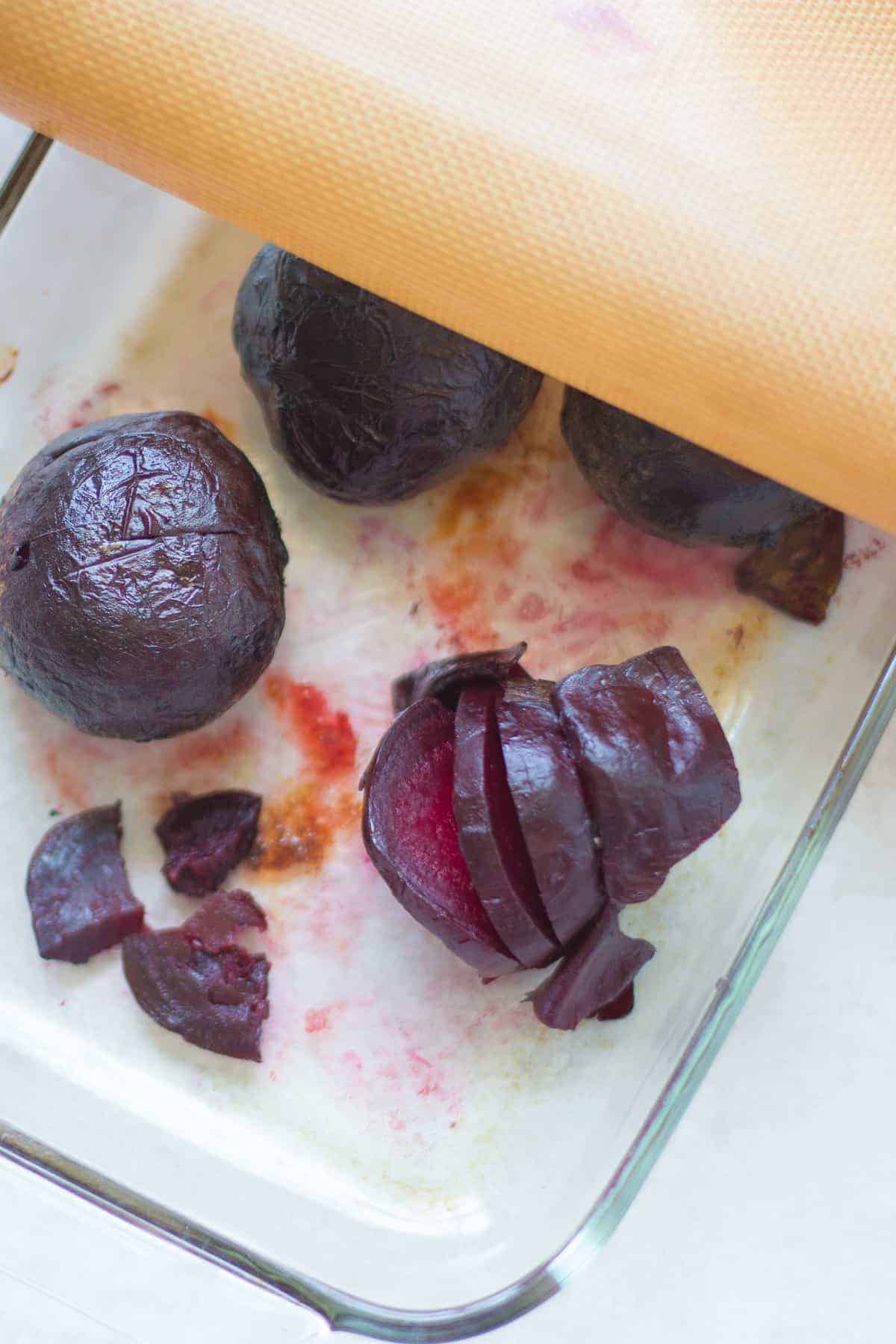 beetroot steam roasted in a glass pan.